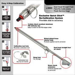 S-986 Re-Calibratable Tire Pressure Service Gauge, Dual Head Straight Foot Chuck, 10-160 PSI - Image 2